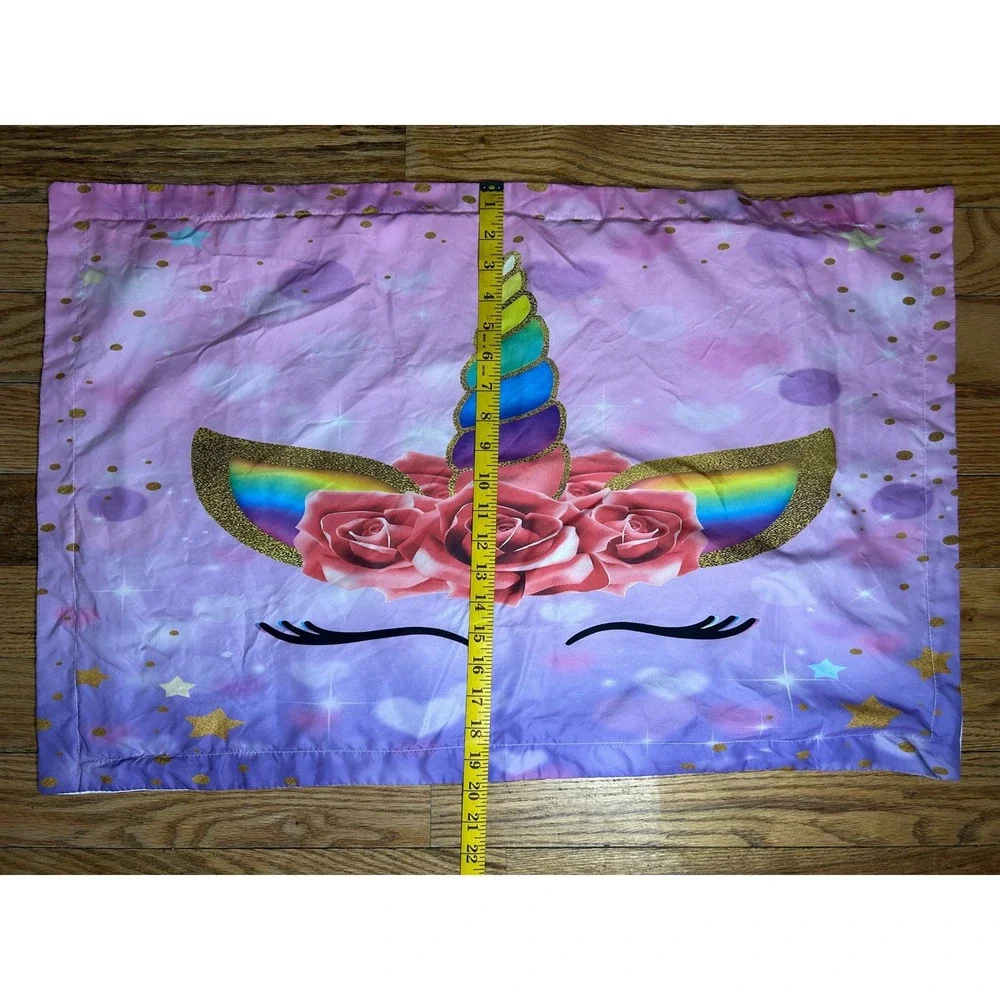 Kids Unicorn Pillowcase Rainbow‎ Horn Roses Sparkle Stars Purple Pink Bedding